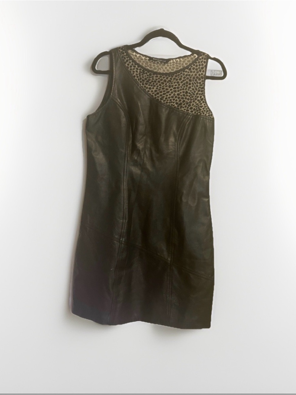 Kas New York Leather Black Tank Dress with Leopard Mesh Yoke